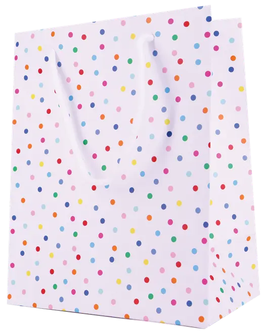 Vit presentpåse med färgglada prickar och vita snörhandtag. Stabil konstruktion, passar till födelsedagar eller festliga tillfällen. Medelstor, festlig och glad design.