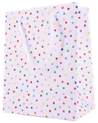 Hvid gavepose med flerfarvede prikker og hvide snorehåndtag. Robust kvalitet, velegnet til fødselsdage eller festlige lejligheder. Mellemstørrelse, festligt og muntert design.