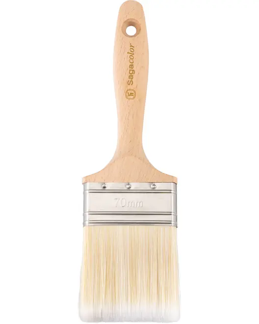 Flad malerpensel med træhåndtag, metalbeslag og hvide syntetiske børster. Håndtaget har ophængshul. Penselbredden er 70 mm, ideel til store flader.