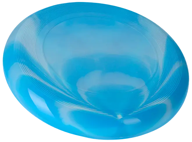 Blå plastik frisbee med glat midte og tekstureret kant, designet til udendørs leg og nemt greb. Let og holdbar, velegnet til alle aldre og fritidsaktiviteter.