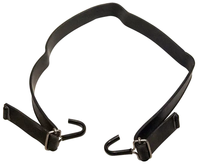 Sort læderbagagestrop med to metalkroge i hver ende, justerbar længde, designet til at fastgøre eller bære kufferter eller tasker.