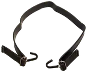 Sort læderbagagestrop med to metalkroge i hver ende, justerbar længde, designet til at fastgøre eller bære kufferter eller tasker.