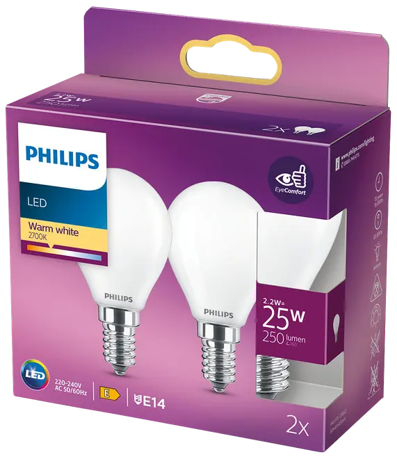 PHILIPS LED klotlampa 2,2W E14 P45 2-pack