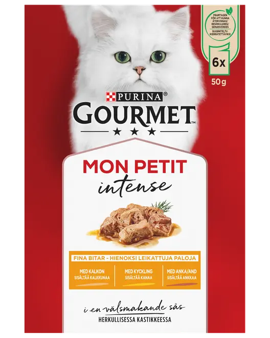 Purina Gourmet Mon Petit Intense kattmat, 6-pack med 50g påsar, blandade smaker (kalkon, kyckling, anka), fina bitar i sås, röd förpackning med vit katt.