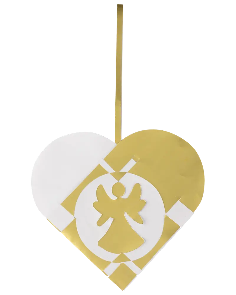 Hjärformad dekoration i guld och vitt med flätad design, utskuren ängel i mitten och ett gyllene upphängningsband upptill.