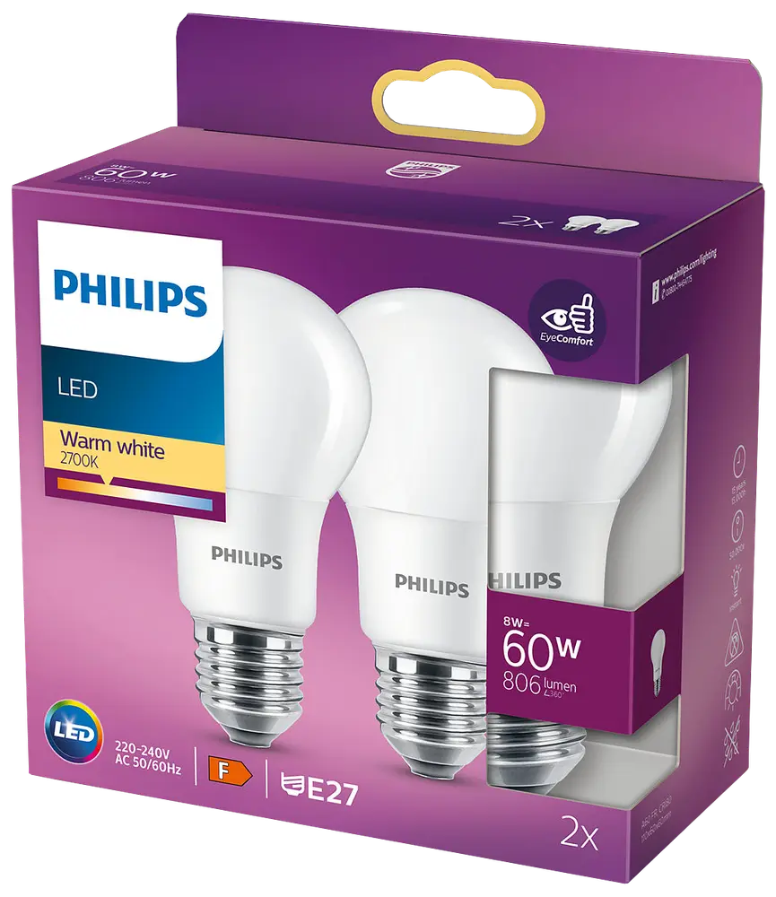 PHILIPS Pære 8W E27 A60 2-pak