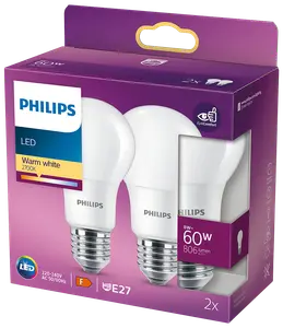 PHILIPS Pære 8W E27 A60 2-pak