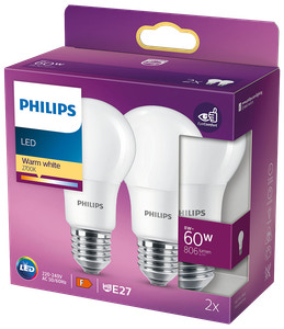 PHILIPS Pære 8W E27 A60 2-pak