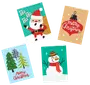 Fyra julkort med festliga motiv: tomte, snögubbe, julgranar och julkula, dekorerade med färgglada pärlor för en glittrande, strukturerad effekt.