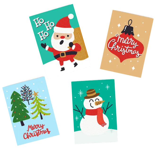 Fyra julkort med festliga motiv: tomte, snögubbe, julgranar och julkula, dekorerade med färgglada pärlor för en glittrande, strukturerad effekt.