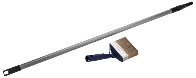 Stor malerpensel med aftageligt blåt håndtag og langt teleskopisk sølvskaft. Velegnet til maling af vægge, lofter eller svært tilgængelige områder. Holdbare børster og ergonomisk greb.