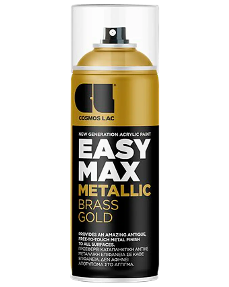 Cosmos Lac Easy Max Metallic Brass Gold spraymaling, 400 ml dåse, akrylformel, giver antik, metallisk guldfinish til forskellige overflader, nem spraydyse, sort og guld etiket.