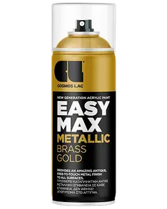 Cosmos Lac Easy Max Metallic Brass Gold spraymaling, 400 ml dåse, akrylformel, giver antik, metallisk guldfinish til forskellige overflader, nem spraydyse, sort og guld etiket.