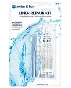 Swim & Fun liner reparationskit för poolvinyl och uppblåsbara pooler. Innehåller speciallim, applicator och lapp. Kan användas under vatten. 30 ml tub. Enkel att använda.