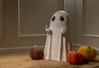 A decorative figure resembling a ghost with a smooth white sheet-like body and two large black oval eyes. The ghost has its arms raised, with both hands making a playful gesture by extending the middle fingers. Surrounding the ghost are three plush pumpkins in brown, orange, and yellow colors, each with a textured surface and a fabric stem. The scene is set indoors on a woven rug against a paneled wall, creating a cozy and festive atmosphere.