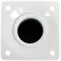 Firkantet hvid metalflange med centralt rundt hul og fire skruehuller i hjørnerne, beregnet til montering af rør eller stænger på flade overflader.