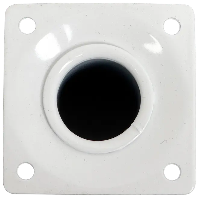 Firkantet hvid metalflange med centralt rundt hul og fire skruehuller i hjørnerne, beregnet til montering af rør eller stænger på flade overflader.