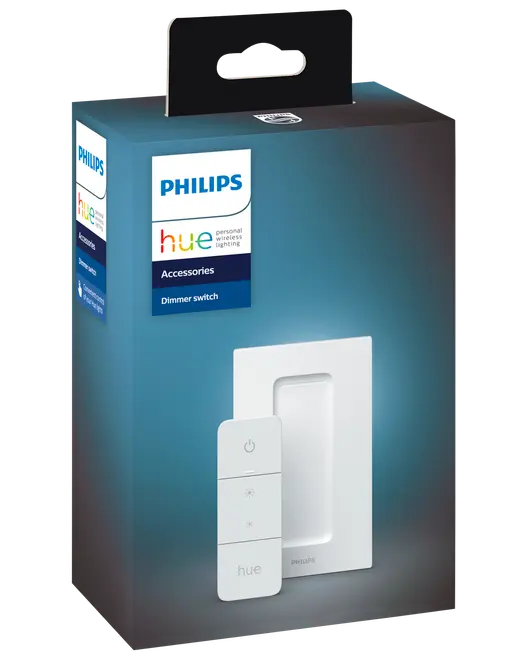 Philips Hue dæmperkontakt i hvid, vist i detailpakning. Indeholder vægplade og fjernbetjening med tænd/sluk, lysstyrke og dæmpningsknapper. Trådløst belysningstilbehør til smart hjem.
