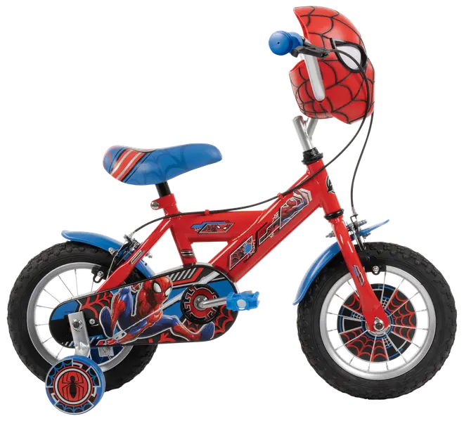 Barncykel med Spider-Man-tema, röd med blå sadel, stödhjul, kedjeskydd och matchande hjälm på styret. Utrustad med nätgrafik och stänkskärmar.