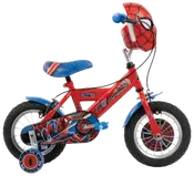 Børnecykel med Spider-Man tema, rød med blå sæde, støttehjul, kædeskærm og matchende hjelm på styret. Webgrafik og sikkerhedsskærme inkluderet.