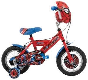 Barncykel med Spider-Man-tema, röd med blå sadel, stödhjul, kedjeskydd och matchande hjälm på styret. Utrustad med nätgrafik och stänkskärmar.