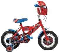 Barncykel med Spider-Man-tema, röd med blå sadel, stödhjul, kedjeskydd och matchande hjälm på styret. Utrustad med nätgrafik och stänkskärmar.