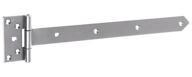 Kraftigt galvaniserat stålbandgångjärn med lång arm, flera skruvhål och slitstark silverfinish för grindar, dörrar eller luckor.