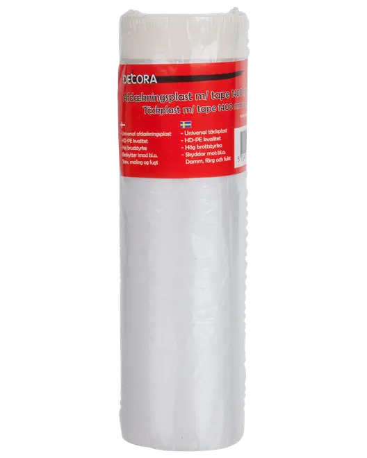 Rulle med universel HD-PE afdækningsplast med integreret tape, 1400 mm bred, til beskyttelse mod støv, maling og fugt under renovering eller malerarbejde.