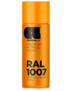 400 ml spraydåse med Cosmoslac premium akrylmaling i RAL 1007 påskeliljegul. Giver en klar gul farve, velegnet til forskellige overflader, med blank finish.