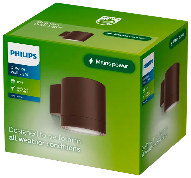 Philips udendørs væglampe, brun, tilsluttes elnettet, IP44 vejrbestandig, pære medfølger ikke. Designet til alle vejrforhold. Cylindrisk, moderne design på grøn emballage.