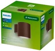 Philips udendørs væglampe, brun, tilsluttes elnettet, IP44 vejrbestandig, pære medfølger ikke. Designet til alle vejrforhold. Cylindrisk, moderne design på grøn emballage.