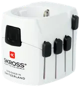 Hvid universal rejseadapter med flere udtrækkelige stik, sorte knapper og SKROSS-logo. Kompakt design, passer til internationale stikkontakter, mærket 'Designed in Switzerland' foran.
