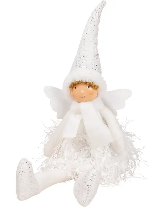 Mjuk ängladocka med vit fluffig klänning, lång spetsig hatt, halsduk, vingar och mjuka skor. Har leende ansikte och lockigt hår. Dekorativ julfigur.