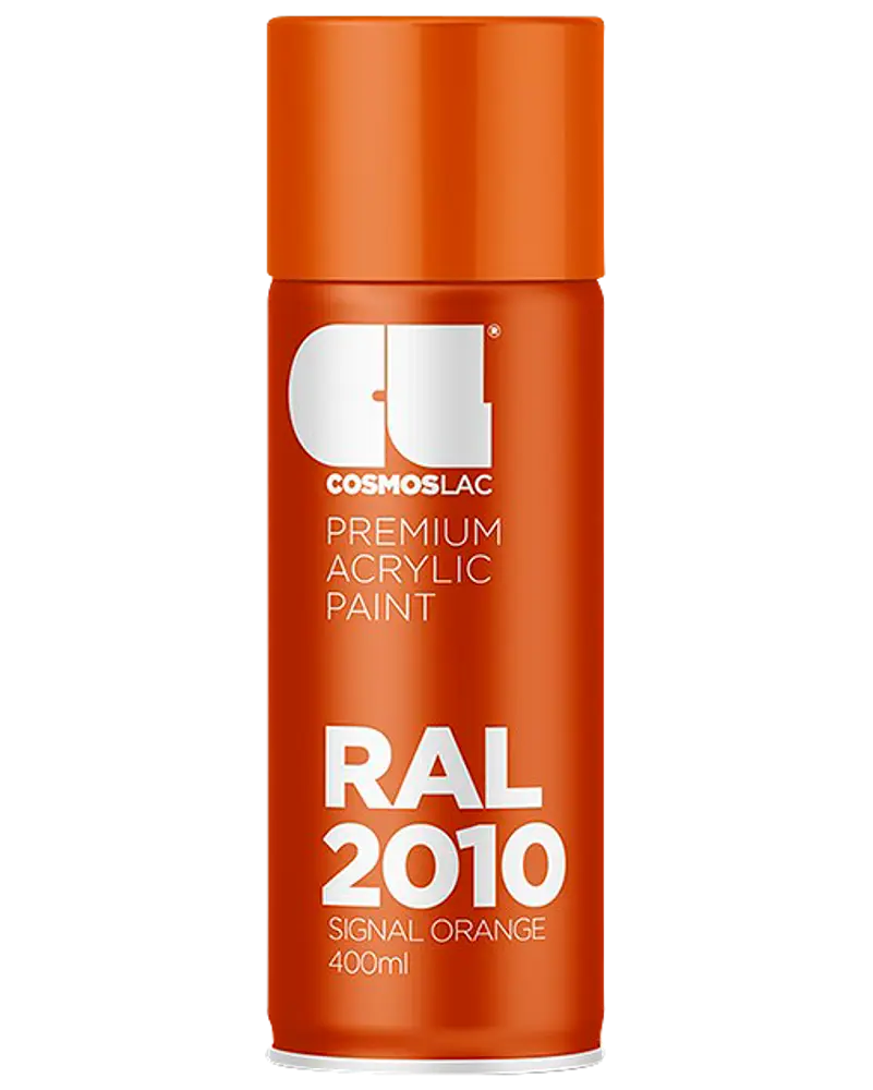 400 ml spraydåse med premium akrylmaling, RAL 2010 Signal Orange farve, orange låg og etiket. Velegnet til forskellige overflader og professionel brug.
