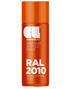 400 ml spraydåse med premium akrylmaling, RAL 2010 Signal Orange farve, orange låg og etiket. Velegnet til forskellige overflader og professionel brug.
