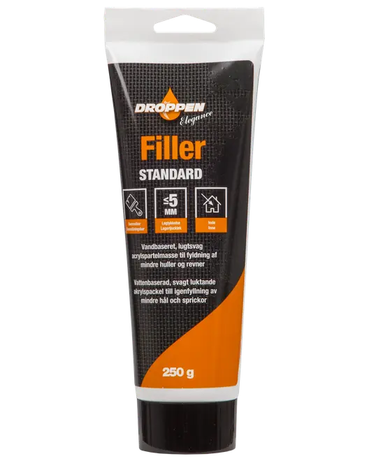 250g tube vandbaseret, lugtsvag akrylfiller til indendørs brug, egnet til udfyldning af små huller og revner op til 5mm. Sort og orange emballage.