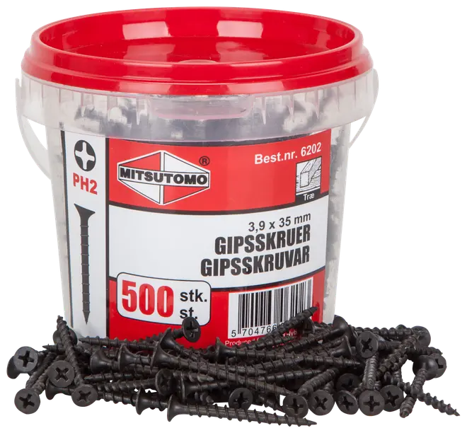 Plasthink med 500 svarta gipsskruvar, 3,9 x 35 mm, PH2 krysspår, för trä. Märke: Mitsutomo. Rött lock, tydlig produktetikett.