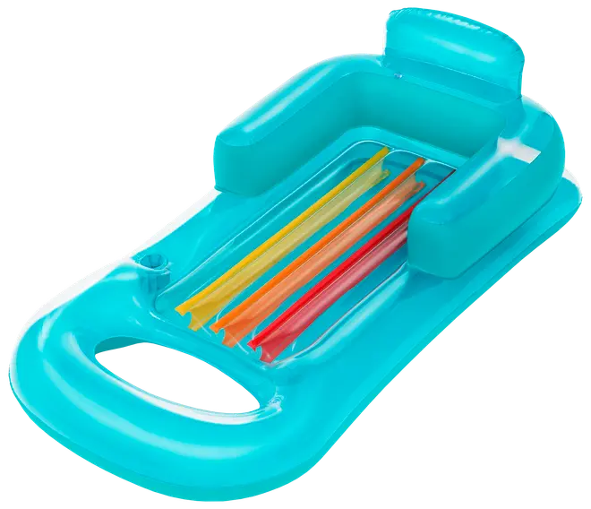 Oppustelig pool-liggestol i blå med flerfarvede striber, indbygget kopholder, hævet hovedstøtte og armlæn for komfort. Perfekt til afslapning på vandet.