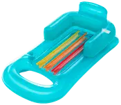 Oppustelig pool-liggestol i blå med flerfarvede striber, indbygget kopholder, hævet hovedstøtte og armlæn for komfort. Perfekt til afslapning på vandet.