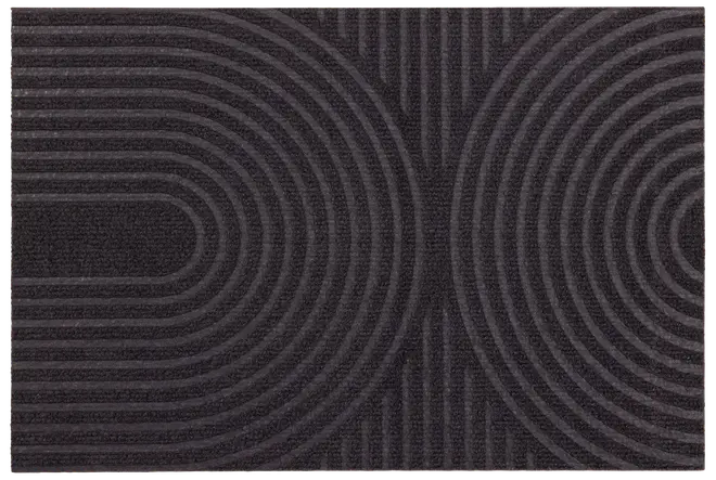 Rektangulär mörkgrå dörrmatta med upphöjda koncentriska halvcirkelmönster på båda sidor, texturerad yta för att skrapa bort smuts, slitstarkt material för inomhus- eller utomhusbruk.