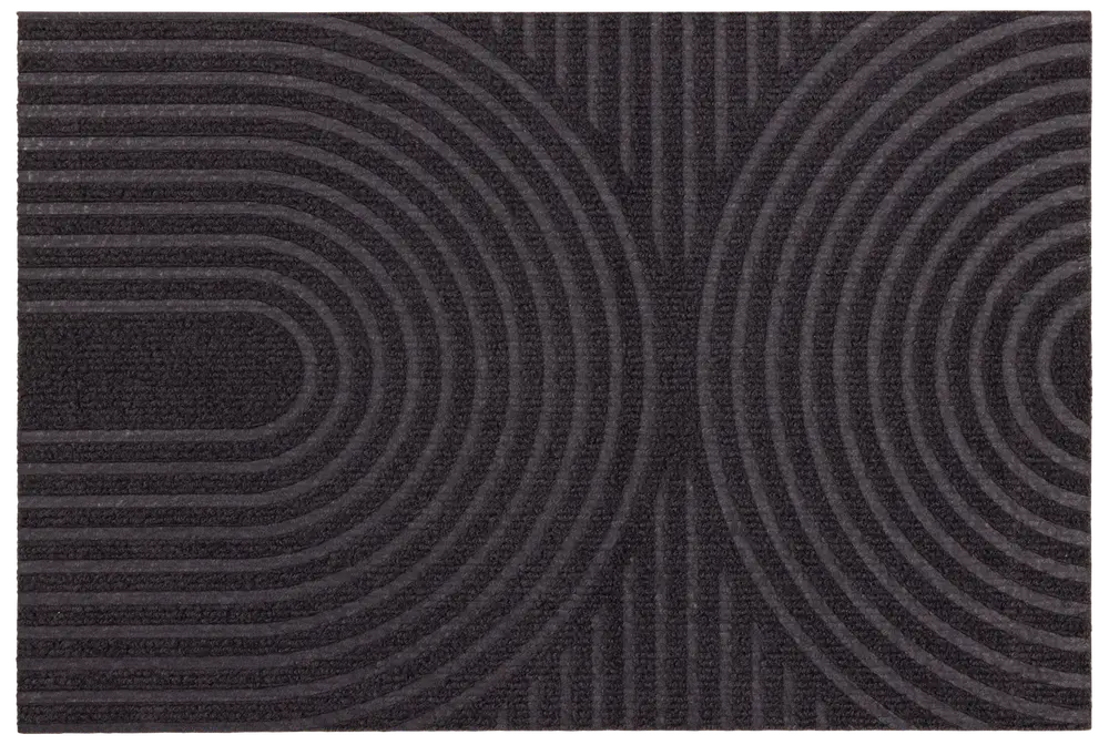 Rektangulär mörkgrå dörrmatta med upphöjda koncentriska halvcirkelmönster på båda sidor, texturerad yta för att skrapa bort smuts, slitstarkt material för inomhus- eller utomhusbruk.