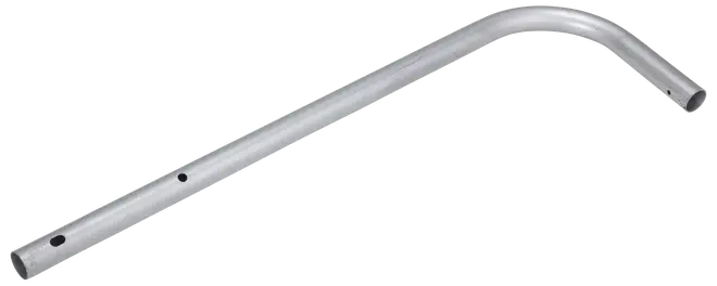 Silverfärgat metallrör med 90-graders böj, öppna ändar och flera förborrade hål för montering. Passar för strukturella eller stödjande ändamål.