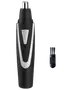 Elektrisk næse- og ørehårstrimmer med sort og sølv tekstureret greb, cylindrisk form, aftageligt trimmerhoved og medfølgende rengøringsbørste for nem vedligeholdelse.