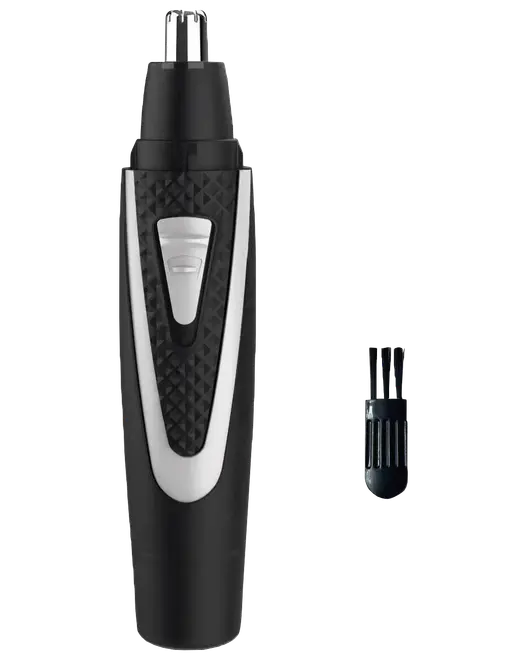 Elektrisk næse- og ørehårstrimmer med sort og sølv tekstureret greb, cylindrisk form, aftageligt trimmerhoved og medfølgende rengøringsbørste for nem vedligeholdelse.
