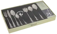 36-delt bestiksæt i rustfrit stål i æske, indeholder gafler, knive, skeer, teskeer, serveringsredskaber og sauceske. Elegant design til hverdag og fest.