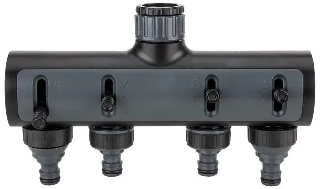 Fyra-vägs trädgårdsslangfördelare med individuella flödesreglage, slitstark plast och gängade kopplingar för enkel anslutning till slangar eller bevattningssystem.