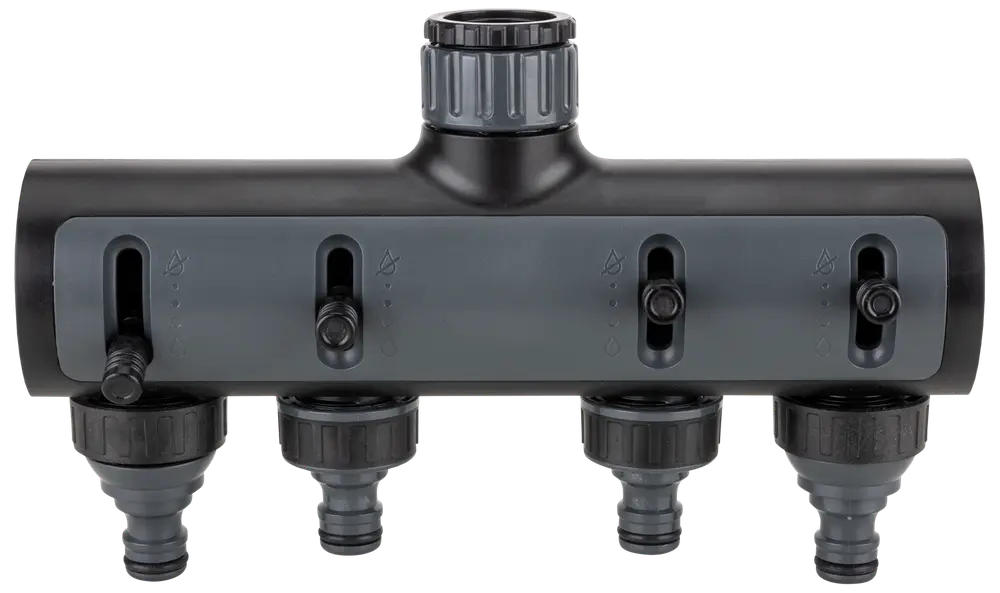 Firevejs haveslangefordeler med individuelle flowkontrolhåndtag, holdbar plastkonstruktion og gevindforbindelser til nem montering på slanger eller vandingssystemer. Velegnet til udendørs vandfordeling.