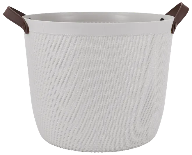 Vit rund förvaringskorg med vävd struktur, två bruna handtag och slät kant. Passar för tvätt, leksaker eller allmän förvaring i hemmet.