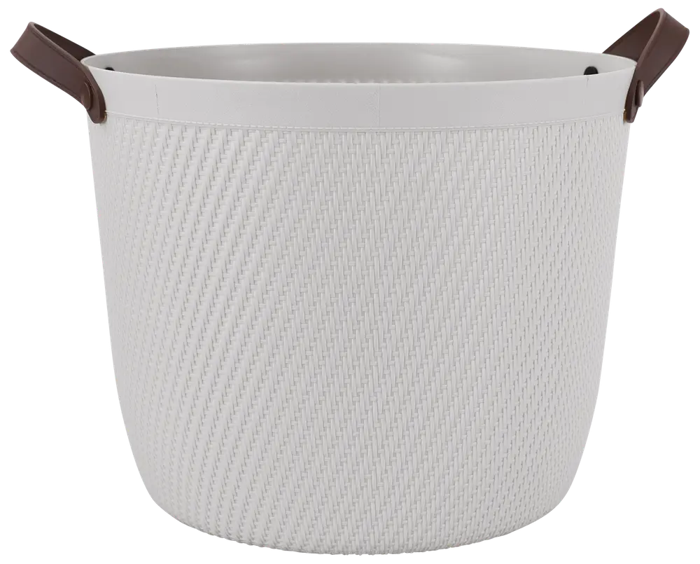 Vit rund förvaringskorg med vävd struktur, två bruna handtag och slät kant. Passar för tvätt, leksaker eller allmän förvaring i hemmet.