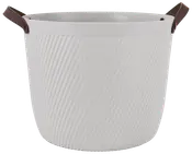 Hvid rund opbevaringskurv med vævet tekstur, to brune håndtag og glat kant. Velegnet til vasketøj, legetøj eller generel opbevaring i hjemmet.